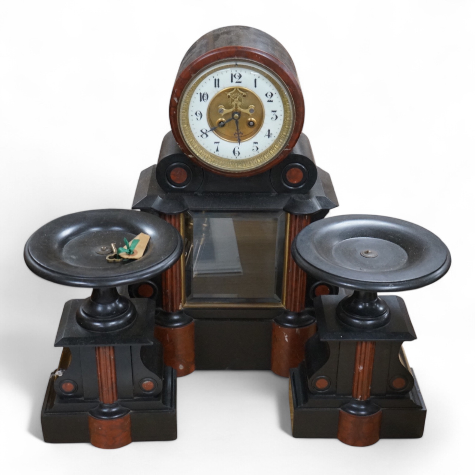A Victorian slate and red marble clock garniture, clock 49cm high., Condition - good